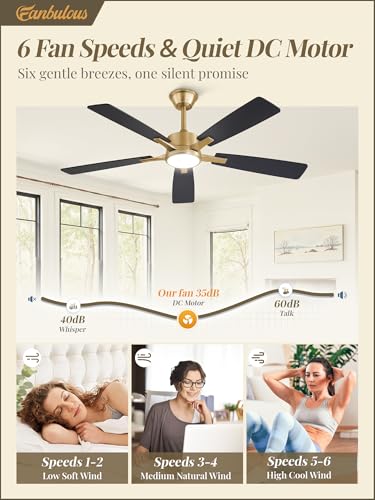 Image of Fanbulous 52 Inch Black and Gold Ceiling Fans with Lights and Remote, Stepless Color Temperature Change & Dimmable 20W LED Ceiling Fan, 6 Speeds Reversible Quiet DC Motor for Bedroom, Living Room