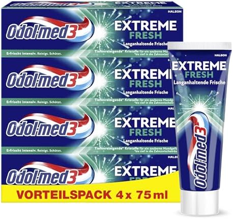 Odol-med3 Zahnpasta Extreme Fresh, starke Frische, Atemschutz, Kariesprophylaxe, tägliche Zahncreme, weißere Zähne, 75 ml