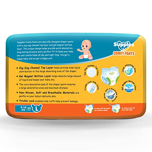 Image of Amazon Brand - Supples Comfy Diapers,Large (L),30 Count,9-14 Kg,10 Hrs Absorption&Cottony Soft Material Diaper Pants, Baby