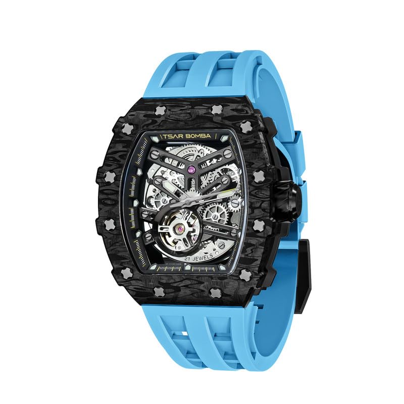 TSAR BOMBA Men's Watch Automatic 50M Waterproof Mechanical Wristwatch Skeleton Tonneau Design Luxury Square Stylish Sports Work Analogue Watches for Men Gift for Men Silicone Strap