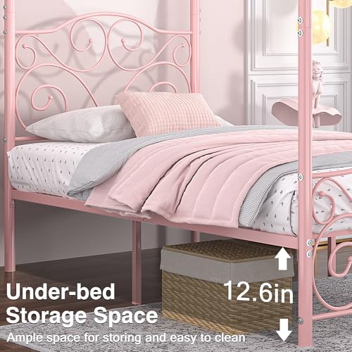 Image of VECELO Metal Canopy Bed Frame Twin Size, 4 Posters Platform Mattress Foundation with Headboard, Heavy Duty Steel Slats Support, No Box Spring Needed, Pink