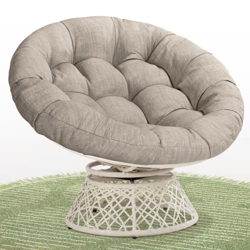 Image of Bme Ergonomic Wicker Papasan Chair with Soft Thick Density Fabric Cushion, High Capacity Steel Frame, 360 Degree Swivel for Living, Bedroom, Reading Room, Lounge, Silver Cloud - White Base