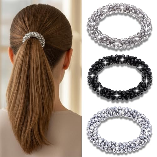 3 PCS Rhinestone Hair Tie Sparkly Ponytail Holders fancy Glitter Hair Scrunchies Rhinestone Hairs Accessories for Women and Girls