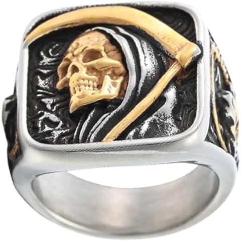 ZMY Home Grim Reaper Ring for Men – Gold Skull with Scythe Signet Statement Ring, Death Biker Punk Stainless Steel Jewelry