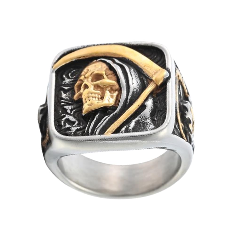Grim Reaper Ring for Men – Gold Skull with Scythe Signet Statement Ring, Death Biker Punk Stainless Steel Jewelry-picture-22