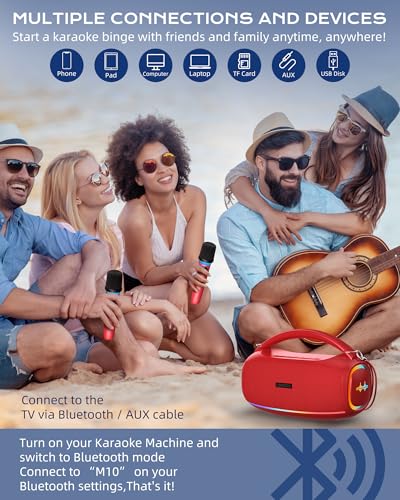 Image of Karaoke Machine for Adults and Kids,Portable Bluetooth 2 Wireless Karaoke Microphone with Holder /USB /TF Card /AUX-in, IPX5 PA Speaker System for Home Party, Picnic,Car,Outdoor /Indoor-Red