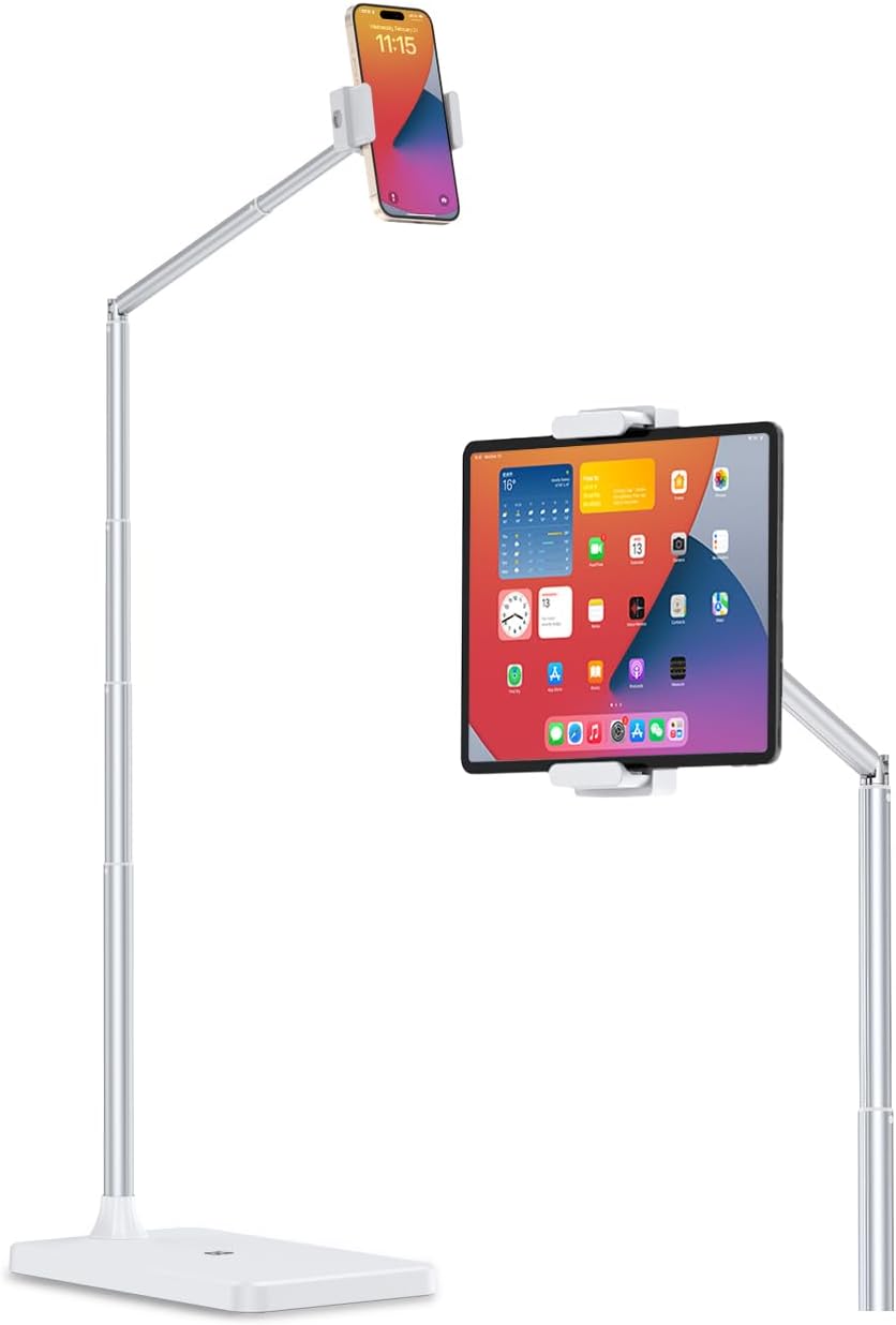 Viozon Tablet Floor Stand, Height & Angle Adjustable Tablet Holder with Aluminum Alloy Arm Tube, 360° Rotation for Bed, Sofa, Desk, Compatible with 3.5-11'' iPad Pro/Air/Mini, iPhone 15/14, Kindle.