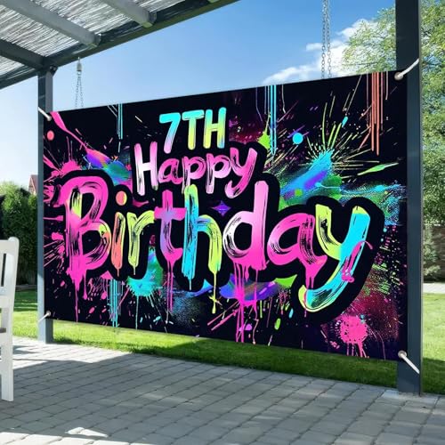 Image of HOMETITUTE Neon 7th Happy Birthday Banner 71x43 Inch Paint Splatter Glow in The Dark Party Backdrop Colorful Wall Decor for Kids Boys Girls Seventh Birthday Celebrations Photo Booth Props Event