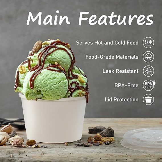 Image of [50 ml, 50 Count, White Disposable Bagasse Paper Container with Lid | Eco-Friendly Bowl /Tub for Picnic, Travel, Food Truck | Ideal for Both Hot & Cold Food