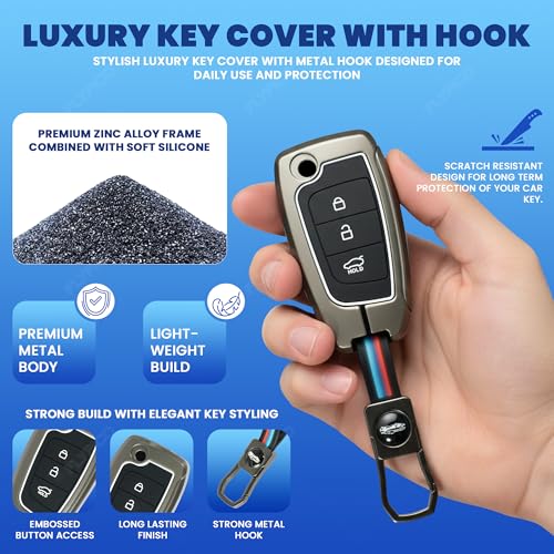 Image of Coll of Fest Premium Metal Silicon Key Cover Compatible with Hyundai Verna 2024 2023 | i20 N line N6 Car 3 Button Flip Smart Key Metal and Silicon Protection Glow in the Dark