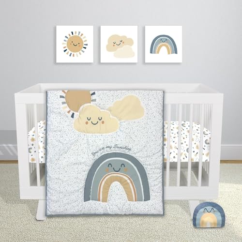 Sammy &amp; Lou Sunshine and Rainbows 4-Piece Baby Nursery Crib Bedding Set, Includes Quilt, Two Fitted Crib Sheets, and Plush Toy