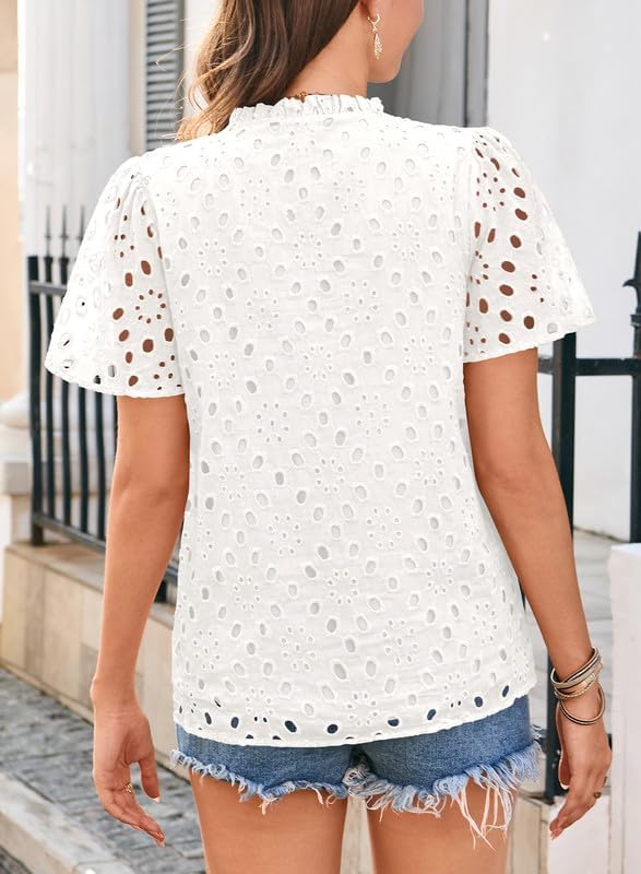 Womens Summer Tops V-Neck Short Sleeve Shirts Dressy Casual Babydoll Blouses Embroidered Eyelet Flowy Boho Clothing - Image 6