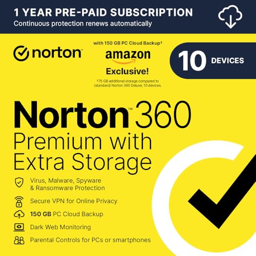 Norton 360 Premium with Extra Storage, 75 GB Extra Cloud Backup, Antivirus Software for 10 Devices and 1-year Subscription with Automatic Renewal
