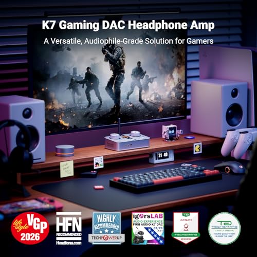 Image of Fosi Audio K7 DAC Headphone Amp, Desktop USB C Digital to Analog Audio Converter for Workspace and Gaming PC PS5, Optical /Coaxial /Bluetooth aptX HD LL /Microphone Input, 3.5mm /4.4mm Balanced /RCA Output