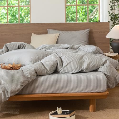 Image of MooMee Striped Duvet Cover Set 100% Washed Cotton Linen Like King | Relaxed Linen-like Texture. Soft, Breathable & Long-lasting Comfort. Lightweight. Hidden Zipper with 8 Interior Corner Ties