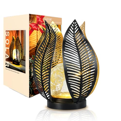 QZGE Solar Garden Lights Waterproof Decorations,Crackle Globe Glass,Metal Palm Leaf