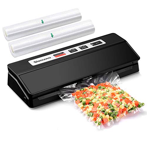 Vacuum Sealer Machine, Slaouwo Automatic Food Sealer for Food Savers, Compact Vacuum Packing Machine with 2 Roll Vacuum Bags, up to 100 Consecutive Seals, Dry & Moist Modes, Led Indicator Lights