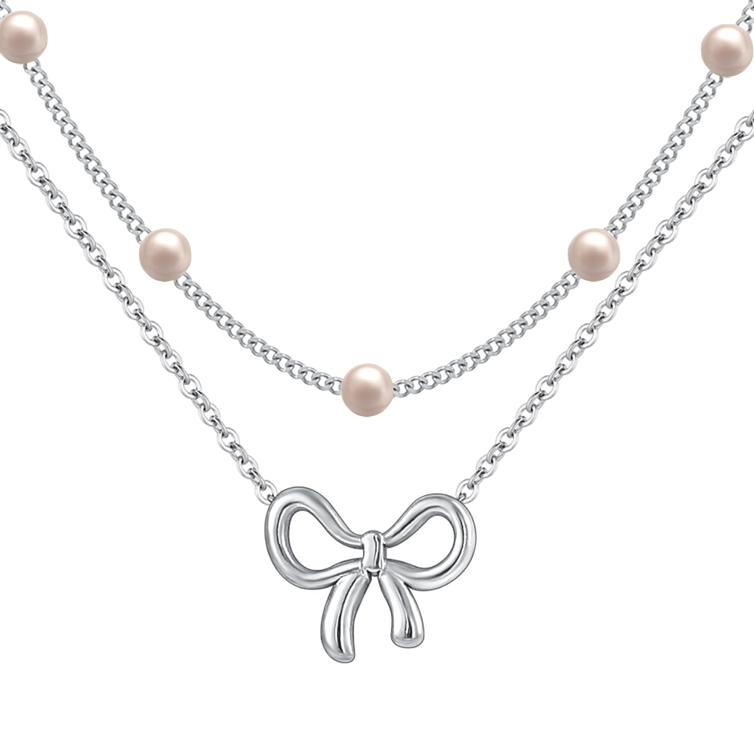 Qitian 18K Gold Plated Satellite Pearl & Bow Pendant Necklace for Women, Adjustable Layered Choker Chain Jewelry, Mini Gold Pearl Necklace Gift (QT-hdzz-Silver)
