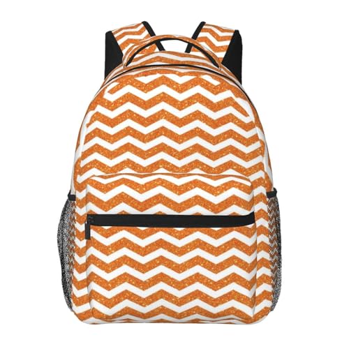 Glitter Orange And White Wavy Stripes Lightweight Backpack Travel Casual Bags for Women or Men 15.7 Inches