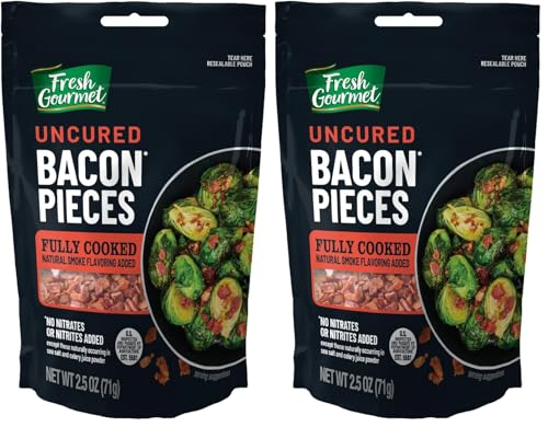 Fresh Gourmet Uncured Bacon Pieces | Naturally Smoked, No Sugar | Keto & Paleo Friendly Protein Topper | Fully Cooked, Resealable Bag | 2.5 Ounce Pack of 2