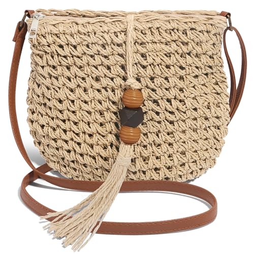 Handwoven Straw Bag for Women Vacation, Boho Beach Purse for Summer Wicker Crossbody Purse with Tassels