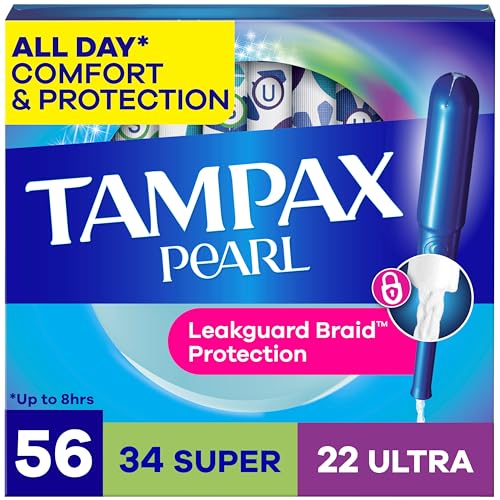 Image of Tampax Pearl Tampons for Women Multipack, with LeakGuard Braid, Super /Ultra Absorbency, Unscented, 56 Count