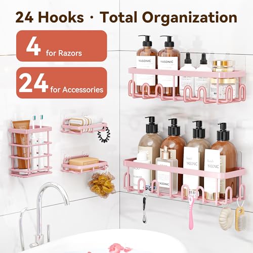 Image of YASONIC Shower Caddy Adhesive, 100% Rustproof Shower Organizer with Soap and Toothbrush Holder, Large Capacity Shower Shelves for Inside Shower, No Drill Shower Storage for Home (5 Pack Pink)