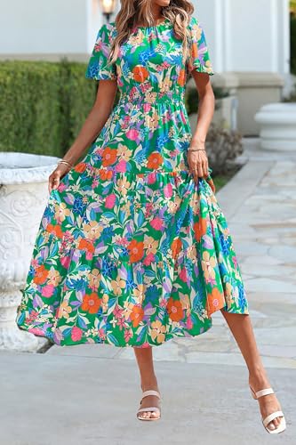 Image of PRETTYGARDEN Women's Casual Smocked Boho Floral A-Line Maxi Dress 2026 | Summer Short Flutter Sleeve Crewneck Tiered Long Sundress,Fall Wedding Guest Dresses,Spring Cute Flowy Beach Vacation Clothes