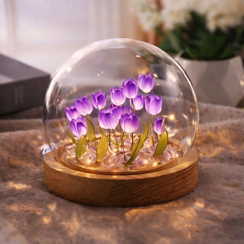 One94Store Artificial Tulip LED Night Lamp | Glass Decorative Light with 10 Purple Flowers for Bedroom Decor, Living Room, Table Decoration & Gifting (8 cm)-image-15