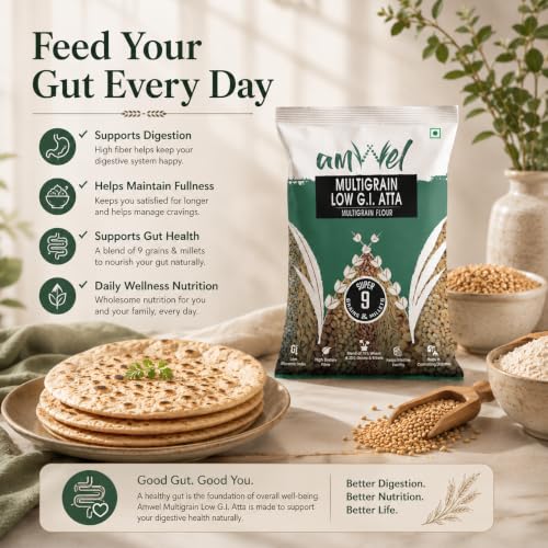 Image of Amwel Multigrain Low GI Atta 5kg | Blend of 9 Grains & Millets | High Fiber, Protein Rich Wheat Flour | Low Glycemic Index Atta for Diabetic Friendly Diet | Healthy Everyday Chapati Flour