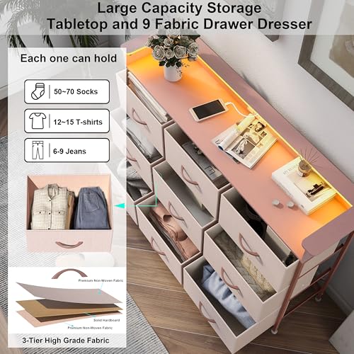 Image of EXOTICA Pink Dresser with LED Light for Girls Bedroom 9 Drawer Dressers with Charging Station Chests of Drawers for Living Room Entryway Closet Hallway Sturdy Steel Frame Wooden Top Easy Pull Handle