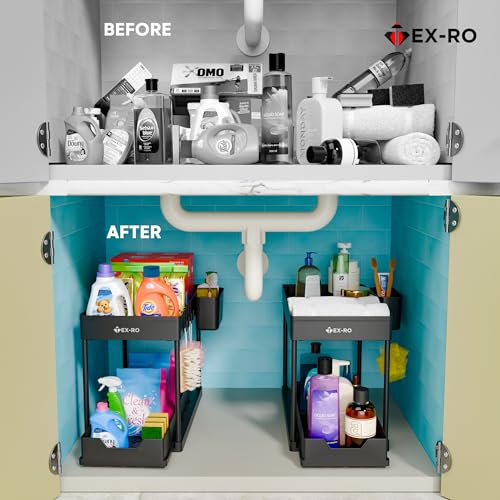 Image of TEX-RO 2 Tier Under Sink Storage Organizer for Kitchen & Bathroom /Pullout Cabinet Organizer for Kitchen Cabinets /Under Sink Organizer /Bathroom Cabinet Storage(Pack of 1, Black)