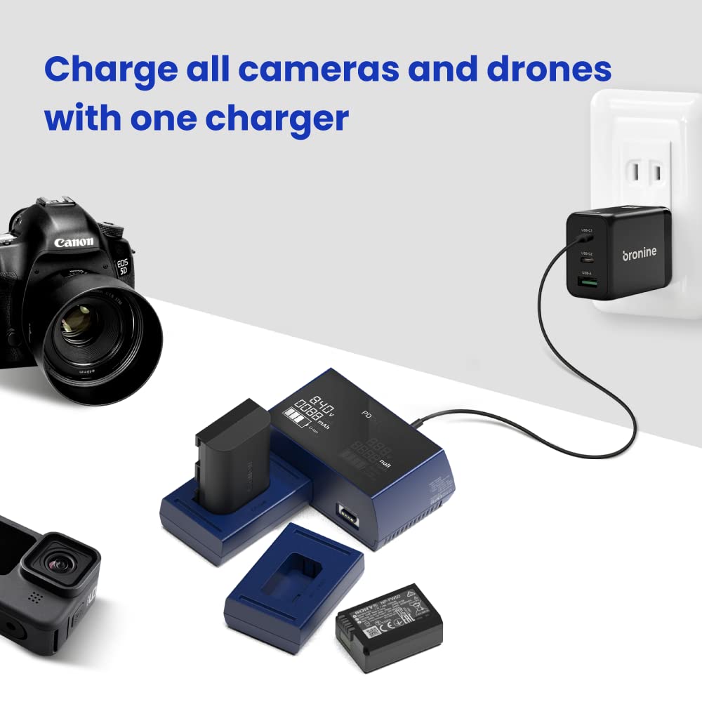 bronine Multi MarcasCargador de batería de cámara de 2 Puertos Compatible con Canon, Sony, Nikon, Fujiflim, Panasonic, Olympus, dji, GoPro, baterías cilíndricas