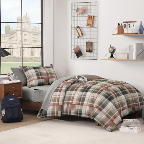 Image of MaiReve Twin XL Comforter Set, Plaid Design Comforter Set 5 Pieces,Twin XL Comforter for Dorm Farmhouse All Season Lightweight &Comfy with Fitted Sheet, Flat Sheet (Khaki, 66 inchx90 inch)