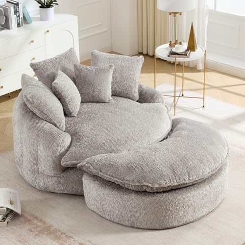 Image of 54 inch Round Chaise Lounge with Ottoman Big Bean Bag Round Sofa Bed Oversized Round Couch Boneless Reading Chair Comfy Plush Chenille Large Chaise Chair for Living Room, Apartment, Light Gray