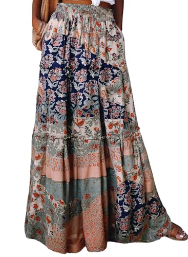 Happy Sailed Womens Floral Print Boho Maxi Skirt Elastic High Waist Pleated Ruffle Flowy Long Skirts S-XL