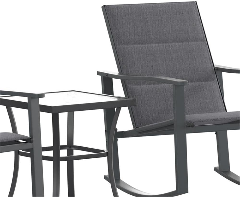 Pemberly Row 3 Piece Bistro Set, Rocking Chairs and Glass Top Table, 23.75"W x 31"D x 32"H, Black Flex Comfort Textilene, Powder Coated Steel, Weather-Resistant Outdoor Patio Furniture for Decks or