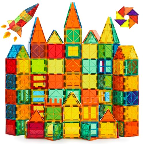 Image of Magnetic Tiles, Magnet Tiles, 100 Pcs Magnetic Building Blocks No Cars, Square Building Castle, Preschool Toys, STEM Stacking Construction Montessori Toys for Kids