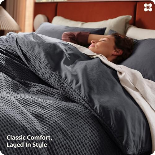 Image of Bedsure Cotton Duvet Cover King Size - 100% Cotton Waffle Weave Charcoal Duvet Cover, PureWoven Textured Breathable Bedding Comforter Cover for All Season, 1 Duvet Cover Only 104 inchx90 inch