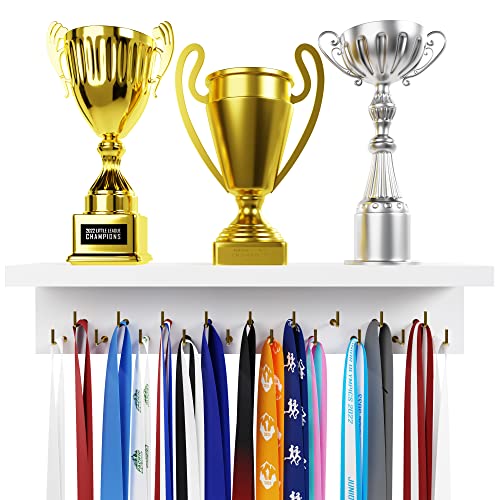 EVERMORE Medal Hanger Display and Trophy Shelf with Hooks - Wooden Medal Holder for Wall Mount...
