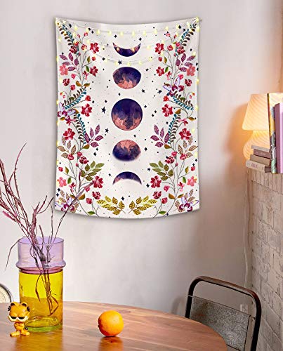 Lifeel Moonlit Garden Tapestry, Moon Phase Surrounded By Vines And Flowers White Wall Decor Tapestry 36×48 Inches #TOP3