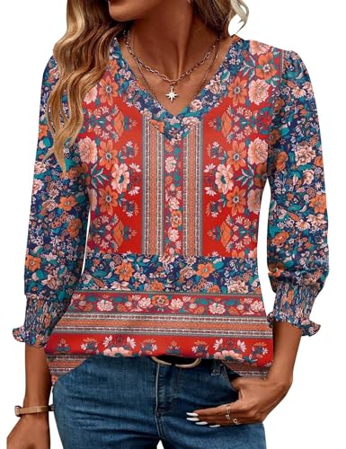 Rapbin 3/4 Length Sleeve Womens Tops Summer Trendy Puff-Sleeve V-Neck Blouses Dressy Casual Textured Smocked T-Shirt