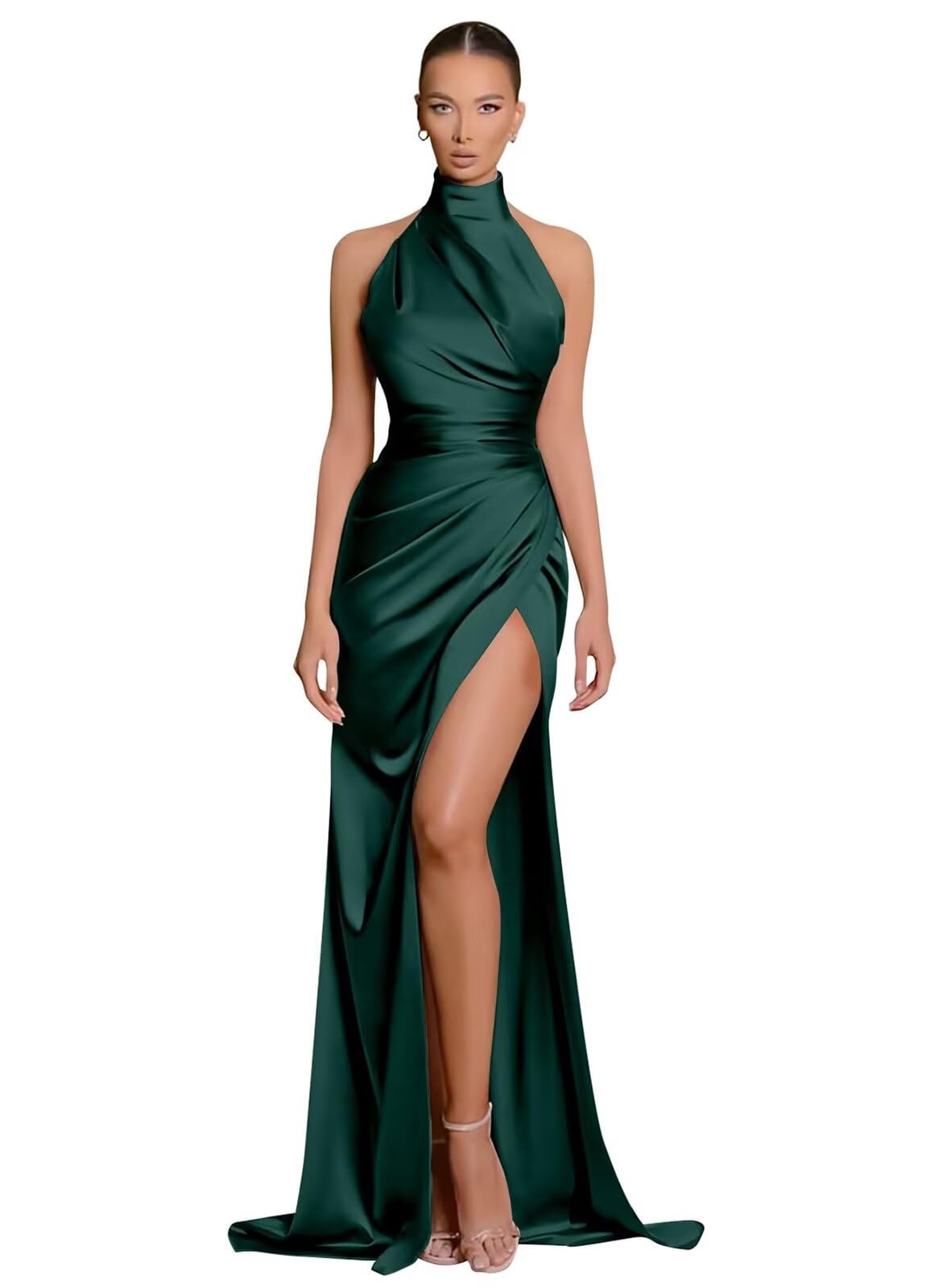 Clothfun Women's Halter Satin Bridesmaid Dresses Long Mermaid Prom Dress for Women Formal Gown with Slit