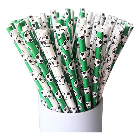CTIGERS Soccer Football Party Paper Straws Black and Green Patterns 2 Color Mixed Biodegradable Drinking Straws Box of 100 Cover