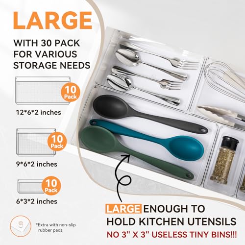 Image of Criusia 30 Pack Large Clear Plastic Drawer Organizer Bins - Acrylic Kitchen Drawer Organization and Storage Dividers for Utensils Gadgets, Office Bathroom and Vanity Organizer for Makeup Accessoires