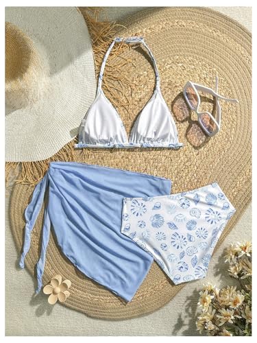 Image of SHENHE Girl's 3 Piece Swimsuits Cute Halter Triangle Bikini Bathing Suit with Beach Cover Up