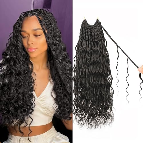Goddess Box Braids Crochet Hair 14 inch Pure Protein Fiber Close to Human Hair 8 packs Boho Crochet Braids for Black Women Pre looped Bohemian Box Braid with Curly Ends Hair Extensions(14 inch, 1B)