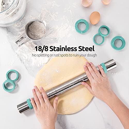 Image of U-Taste Adjustable Rolling Pin, 18 /8 Stainless Steel Fondant Roller, Teal