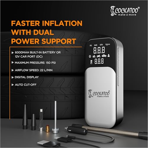 Image of Cockatoo 9166 Tyre inflator High-Power Portable Air Compressor Pump, 80W, 21mm Cylinder, 3x2000mAh Battery, Fast Inflation in 7-8 Minutes, LED Display, Preset Tire Pressure, SOS, USB Charging