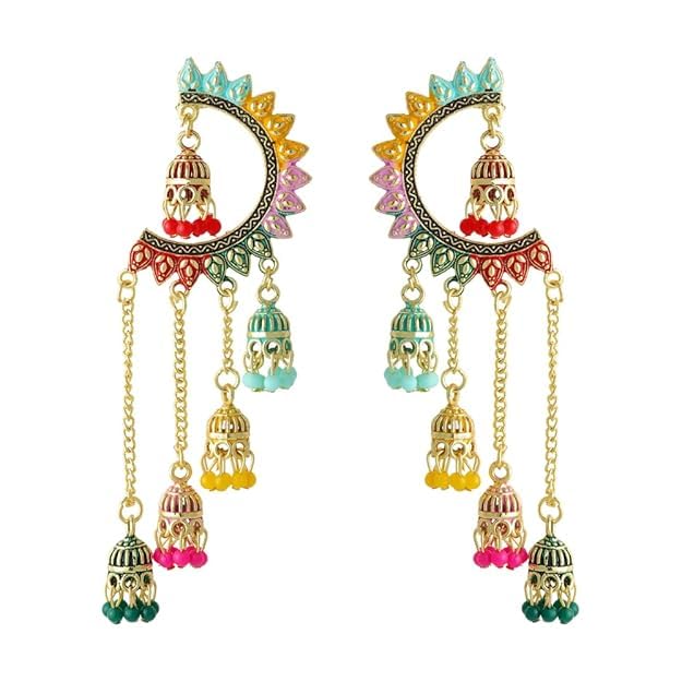 Image of WORLD CRAZE Multicolour long kashmiri jhumka for women chandbali earrings chand baliyan | kashmiri earrings for women | bahubali earrings stylish | Traditional Indian Festive Jewelry | Long Chain Tassels | Pearl Drop Latkan Jewellery (Multi colour)